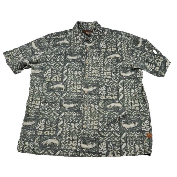 GH Bass Earth Shirt Mens L Casual Batik Fish Green Short Sleeve Dad Vacay - Picture 1 of 9
